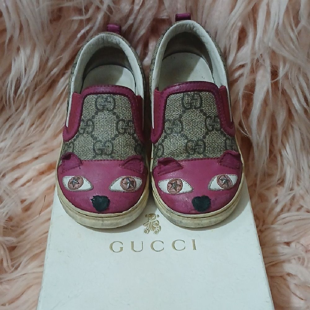 Authentic Gucci Kids Pink and Brown Sneakers with Cat Design Size US 7 Toddler